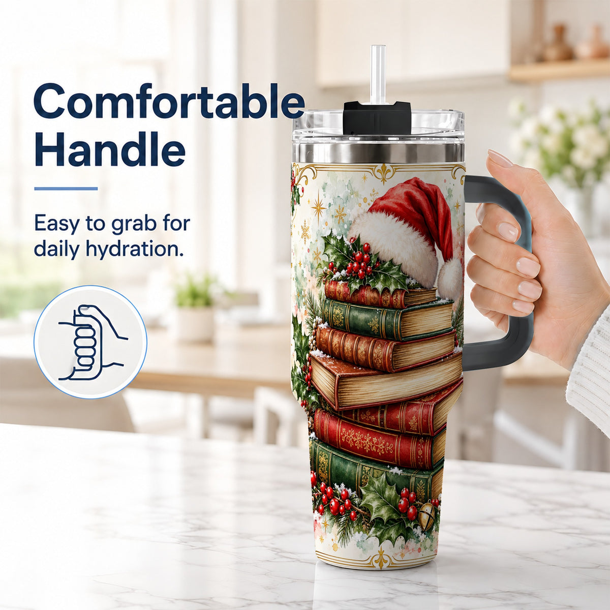 #pl[40oz|Black] Santa Hat Books 40oz Tumbler with Handle, Christmas Reading Travel Cup