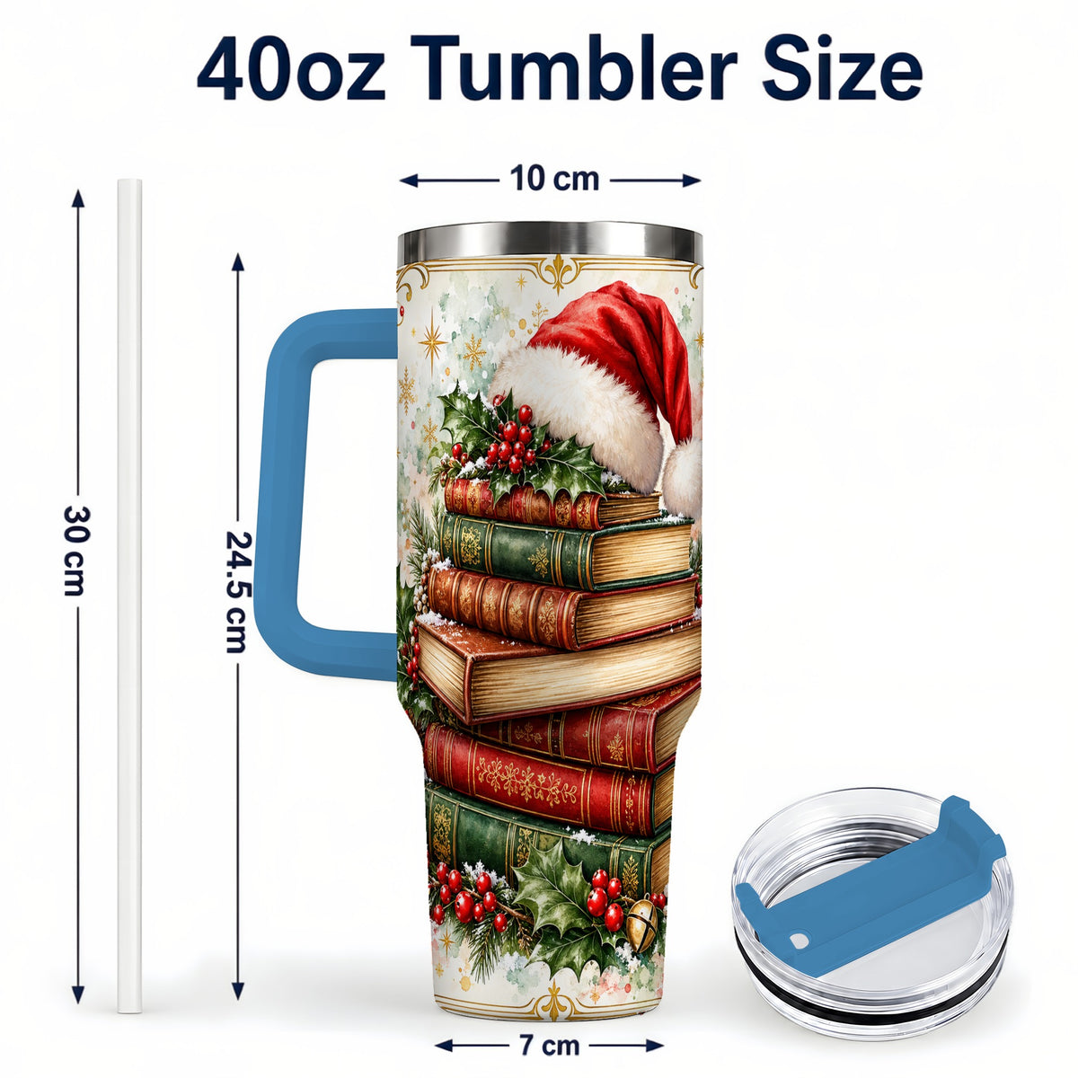 #pl[40oz|Blue] Santa Hat Books 40oz Tumbler with Handle, Christmas Reading Travel Cup