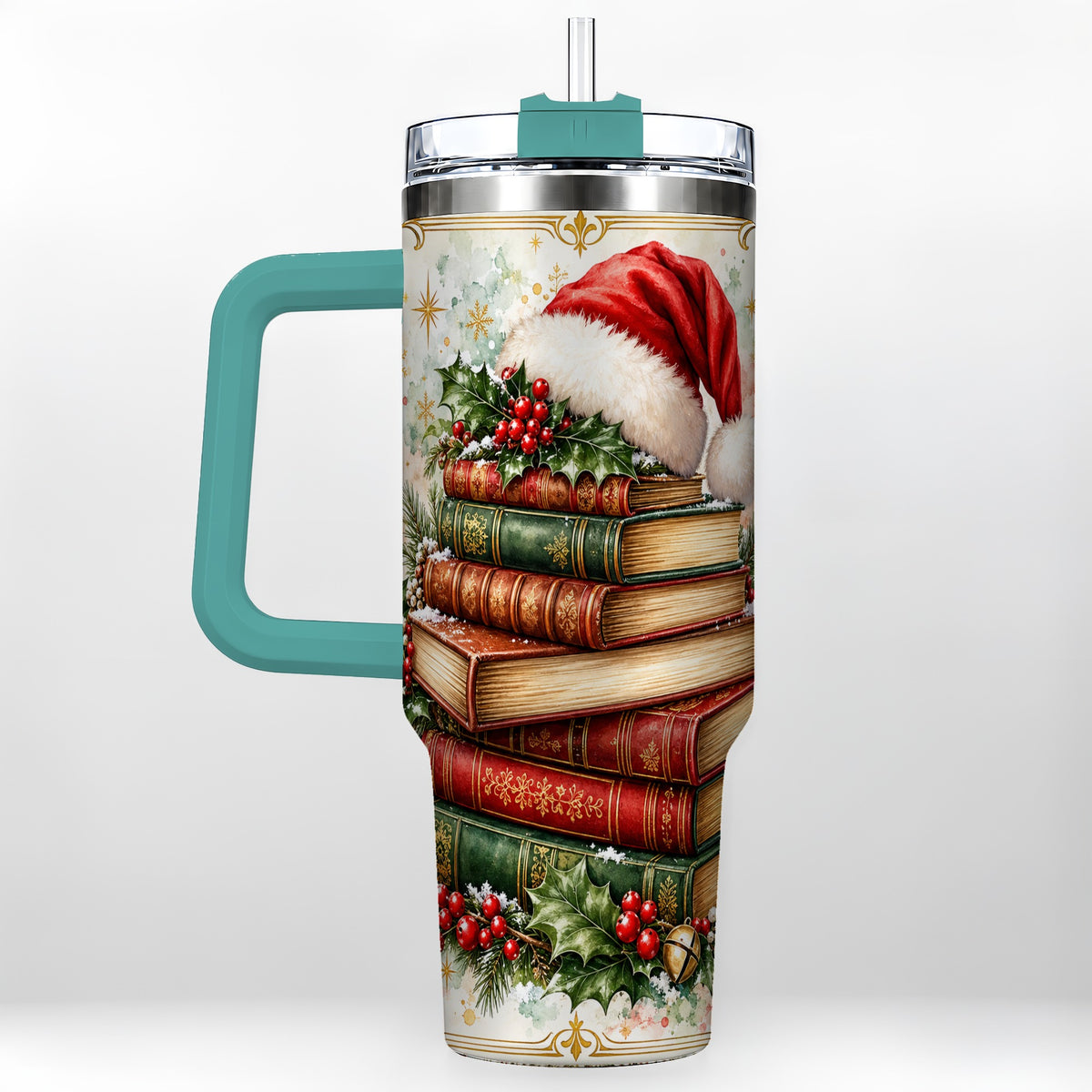 #pl[40oz|Green] Santa Hat Books 40oz Tumbler with Handle, Christmas Reading Travel Cup