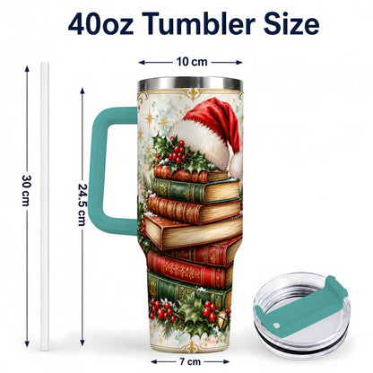 #pl[40oz|Green] Santa Hat Books 40oz Tumbler with Handle, Christmas Reading Travel Cup