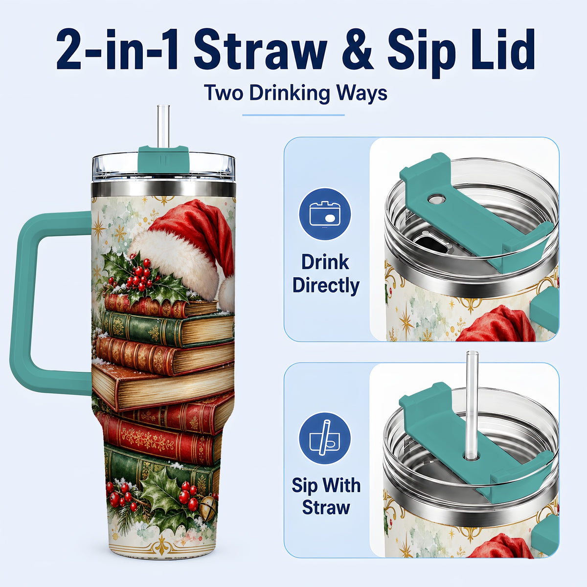 #pl[40oz|Green] Santa Hat Books 40oz Tumbler with Handle, Christmas Reading Travel Cup