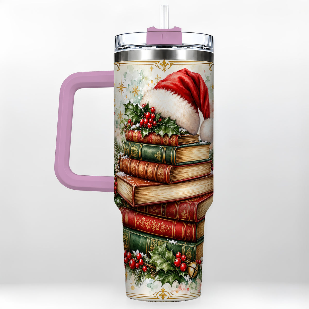#pl[40oz|Pink] Santa Hat Books 40oz Tumbler with Handle, Christmas Reading Travel Cup