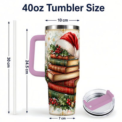 #pl[40oz|Pink] Santa Hat Books 40oz Tumbler with Handle, Christmas Reading Travel Cup