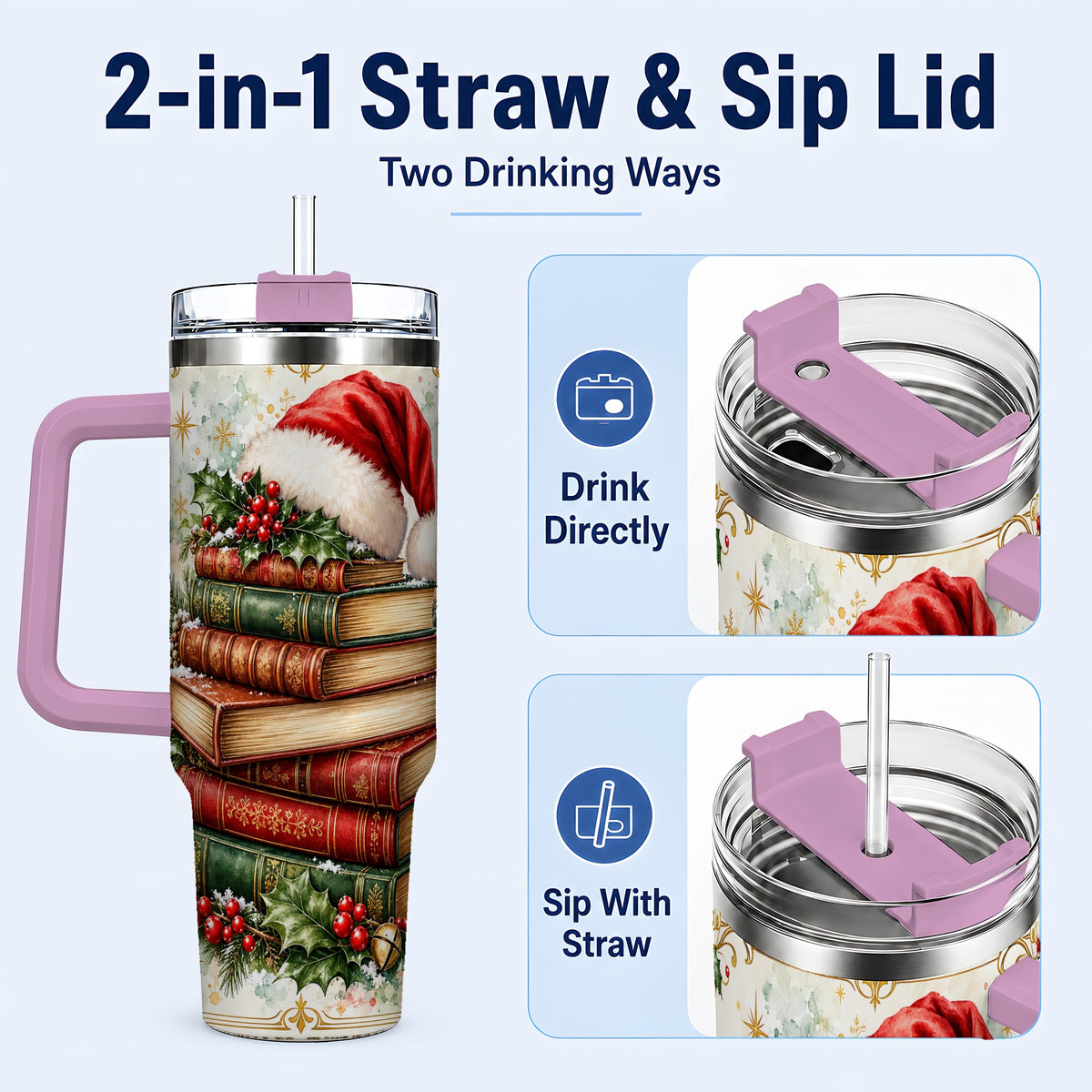#pl[40oz|Pink] Santa Hat Books 40oz Tumbler with Handle, Christmas Reading Travel Cup