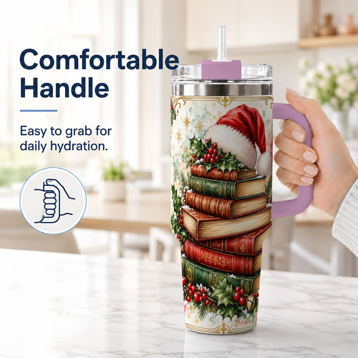 #pl[40oz|Pink] Santa Hat Books 40oz Tumbler with Handle, Christmas Reading Travel Cup