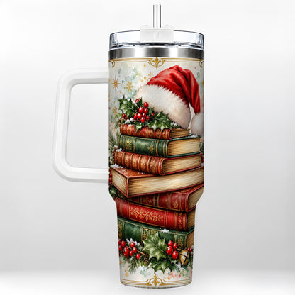Santa Hat Books 40oz Tumbler with Handle, Christmas Reading Travel Cup