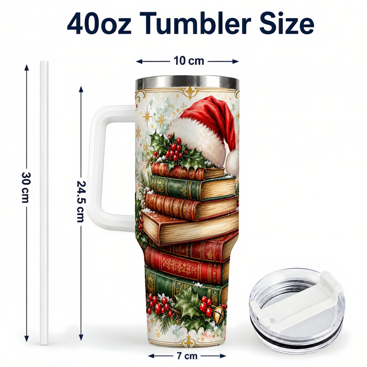 #pl[40oz|White] Santa Hat Books 40oz Tumbler with Handle, Christmas Reading Travel Cup