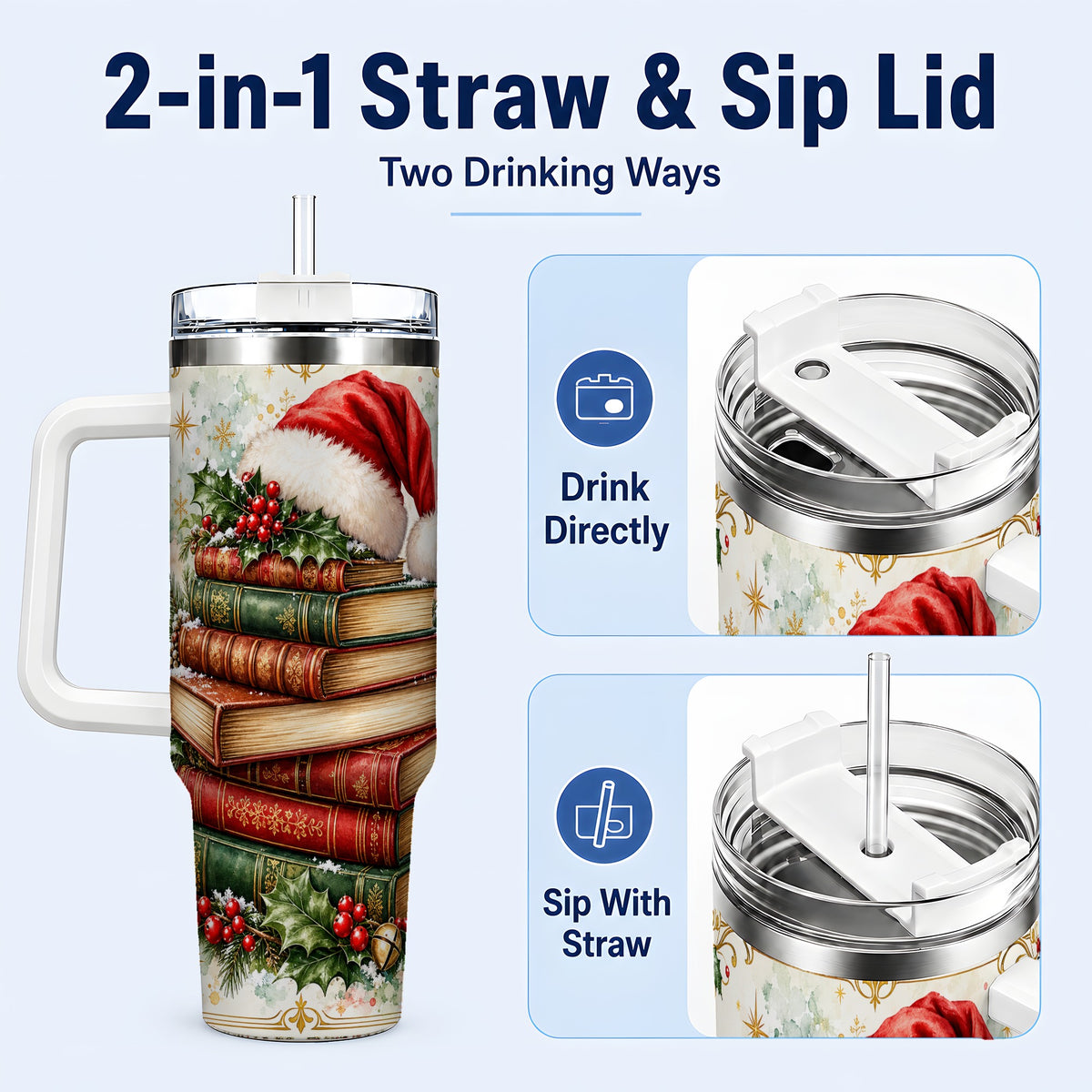 #pl[40oz|White] Santa Hat Books 40oz Tumbler with Handle, Christmas Reading Travel Cup
