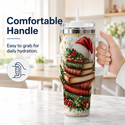 #pl[40oz|White] Santa Hat Books 40oz Tumbler with Handle, Christmas Reading Travel Cup