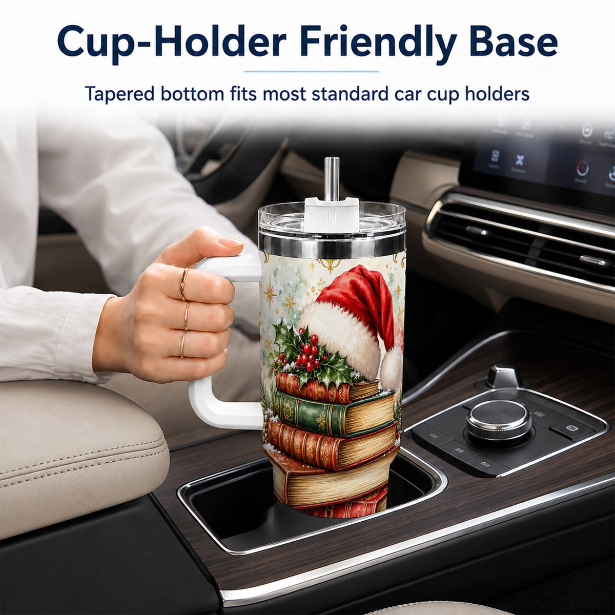 Santa Hat Books 40oz Tumbler with Handle, Christmas Reading Travel Cup