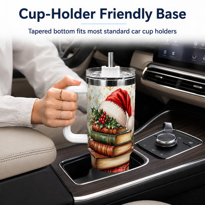 Santa Hat Books 40oz Tumbler with Handle, Christmas Reading Travel Cup