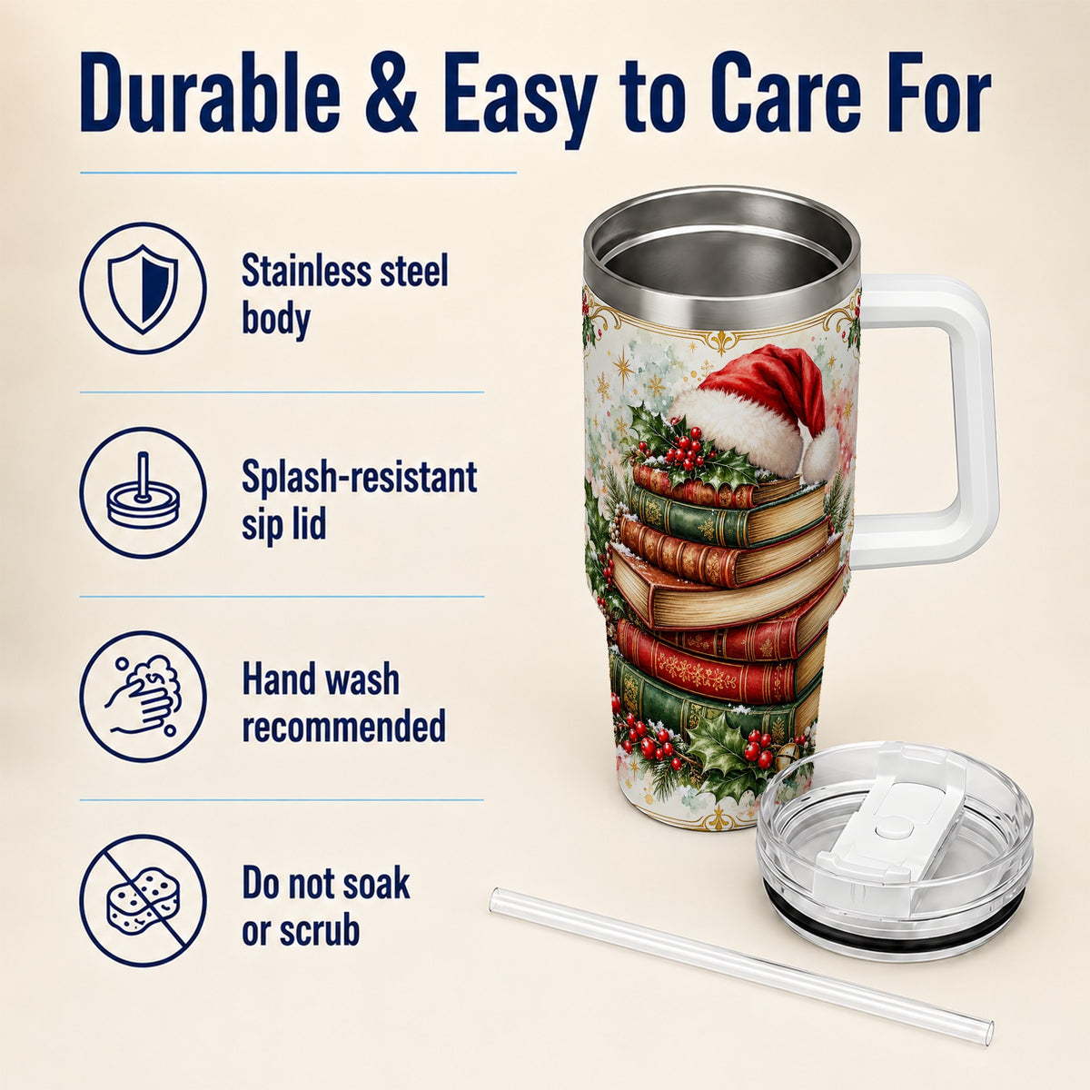 Santa Hat Books 40oz Tumbler with Handle, Christmas Reading Travel Cup