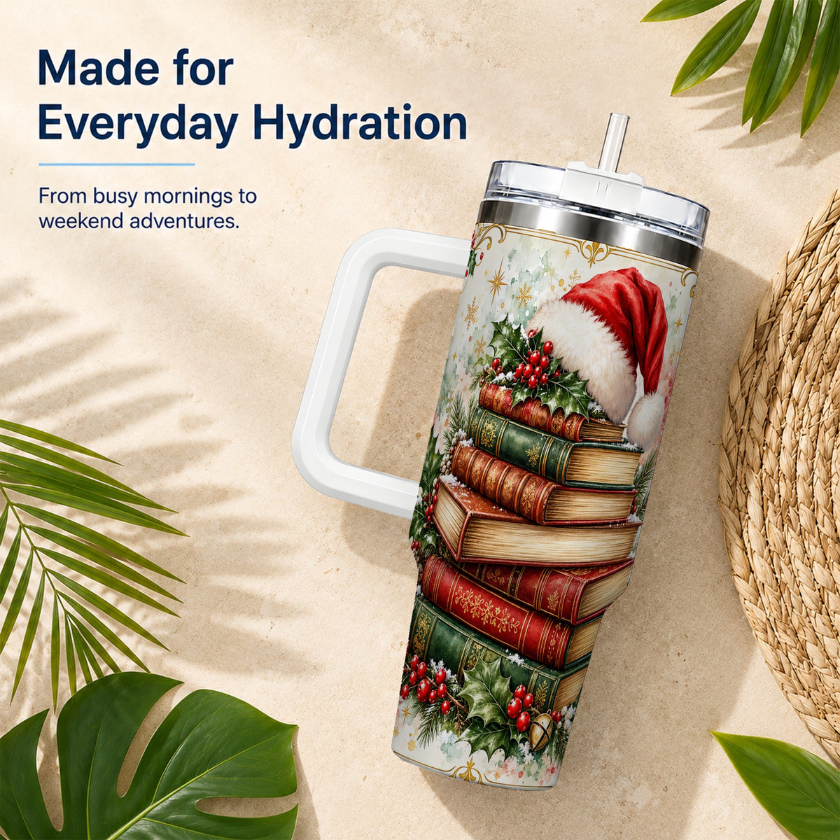 Santa Hat Books 40oz Tumbler with Handle, Christmas Reading Travel Cup