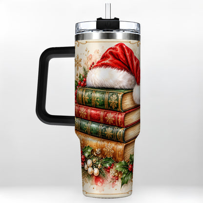 #pl[40oz|Black] Santa Hat Book Stack 40oz Tumbler with Handle, Holiday Reading Travel Cup