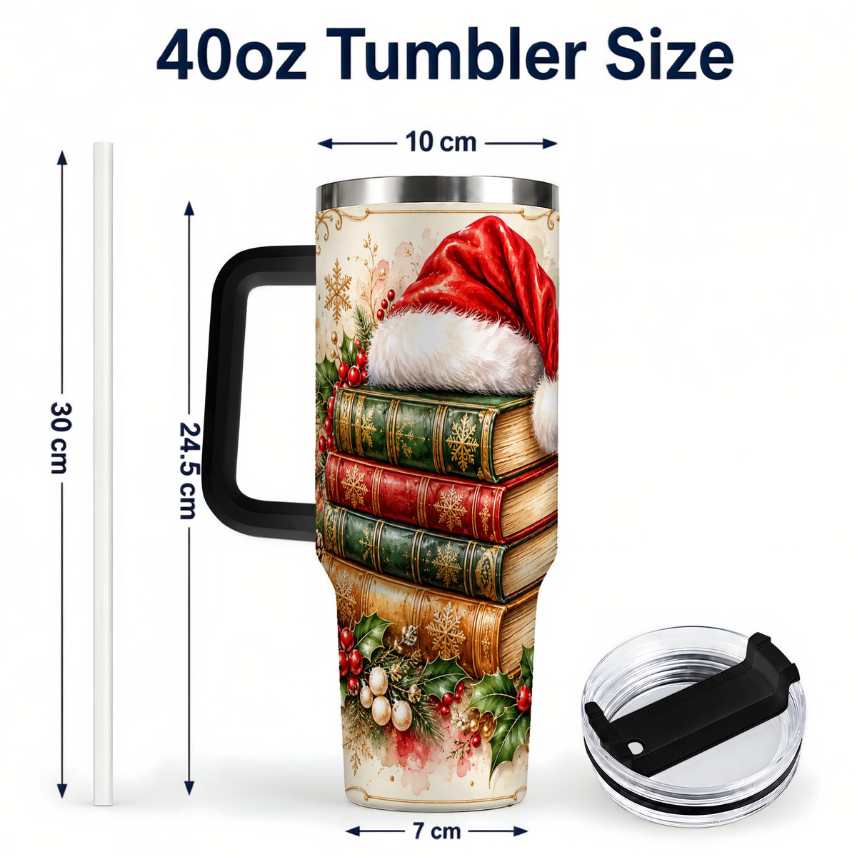 #pl[40oz|Black] Santa Hat Book Stack 40oz Tumbler with Handle, Holiday Reading Travel Cup