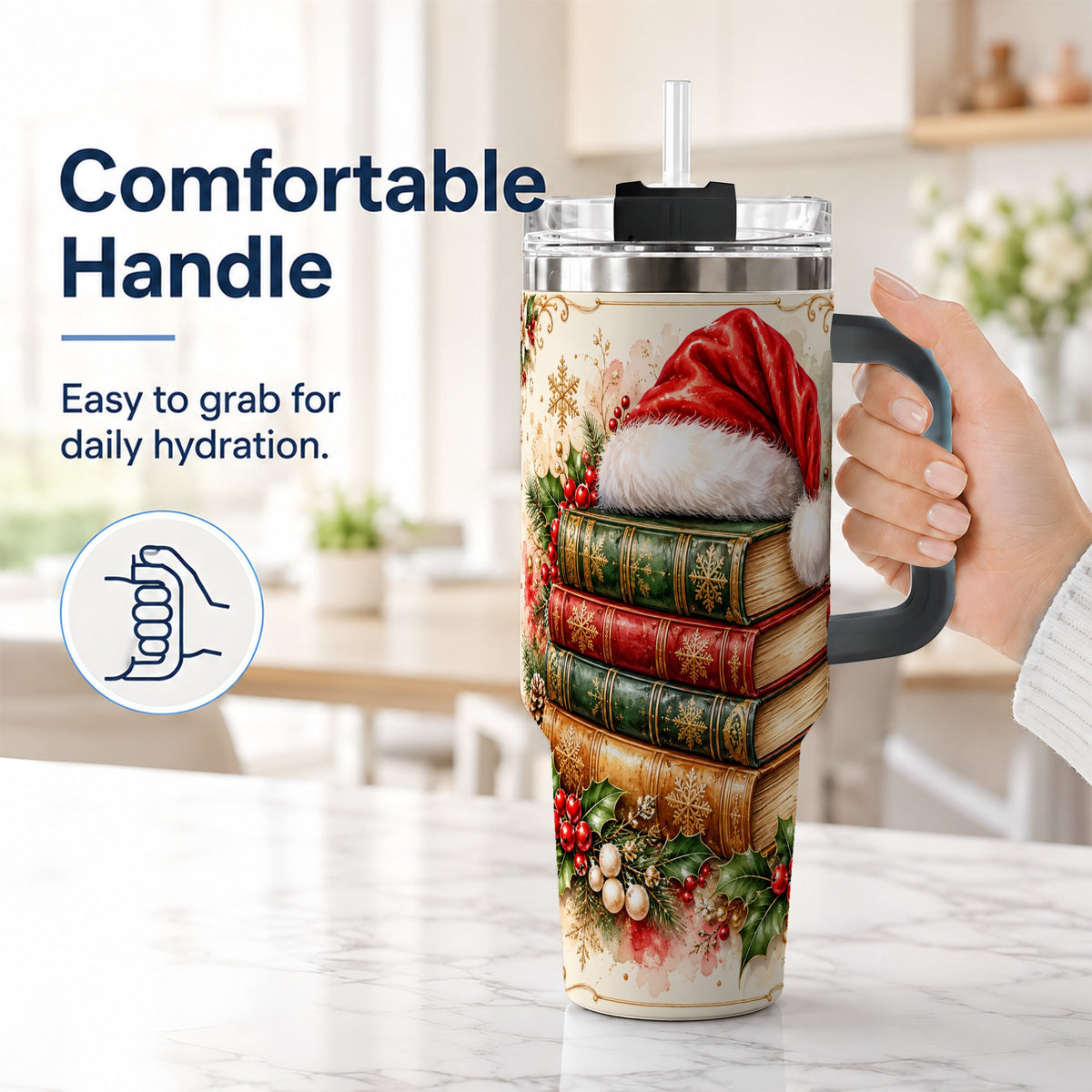 #pl[40oz|Black] Santa Hat Book Stack 40oz Tumbler with Handle, Holiday Reading Travel Cup