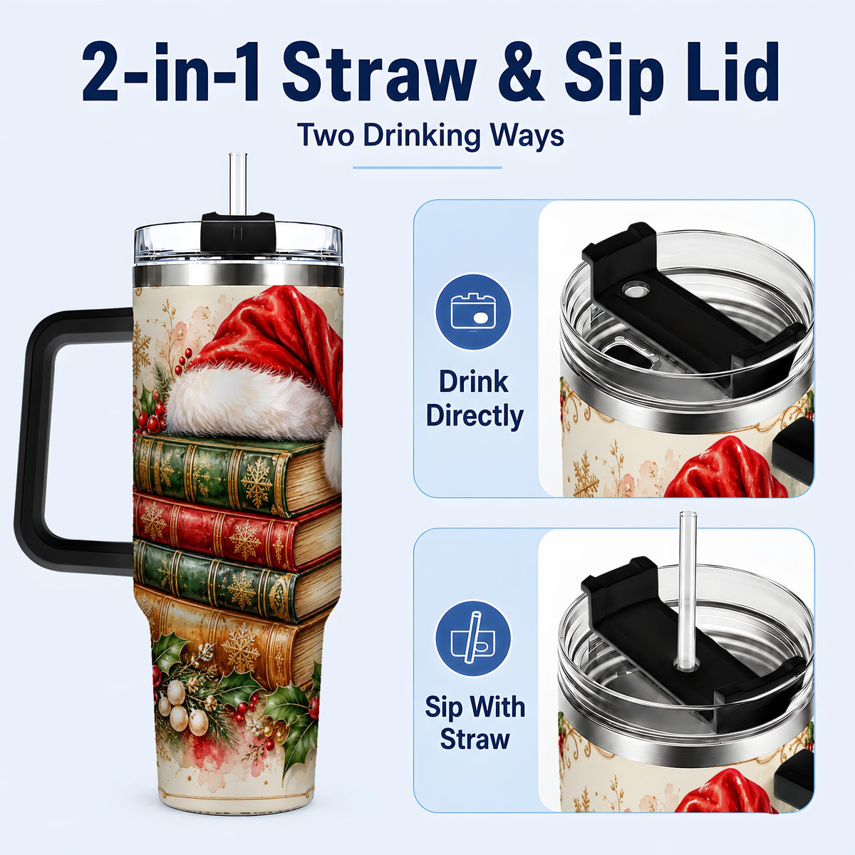 #pl[40oz|Black] Santa Hat Book Stack 40oz Tumbler with Handle, Holiday Reading Travel Cup