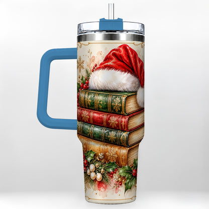 #pl[40oz|Blue] Santa Hat Book Stack 40oz Tumbler with Handle, Holiday Reading Travel Cup