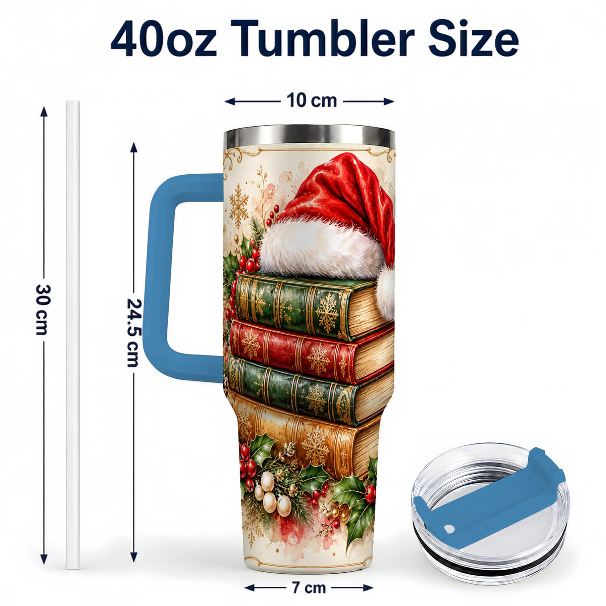 #pl[40oz|Blue] Santa Hat Book Stack 40oz Tumbler with Handle, Holiday Reading Travel Cup