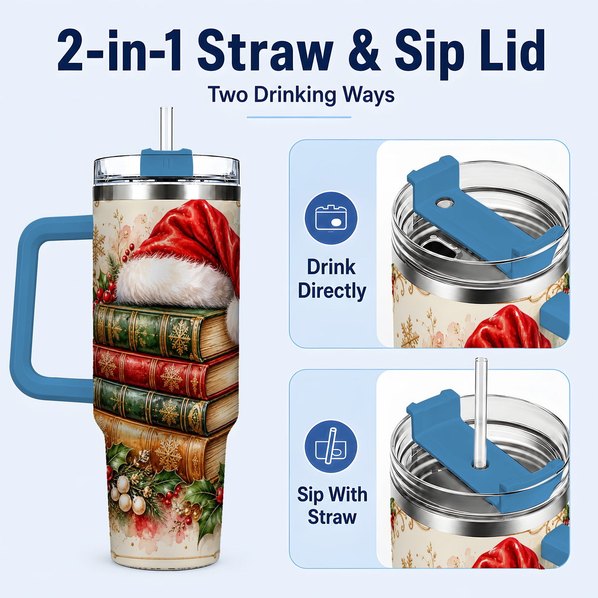 #pl[40oz|Blue] Santa Hat Book Stack 40oz Tumbler with Handle, Holiday Reading Travel Cup