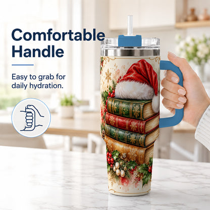 #pl[40oz|Blue] Santa Hat Book Stack 40oz Tumbler with Handle, Holiday Reading Travel Cup