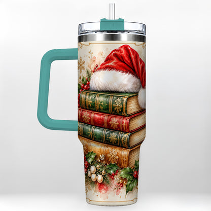#pl[40oz|Green] Santa Hat Book Stack 40oz Tumbler with Handle, Holiday Reading Travel Cup