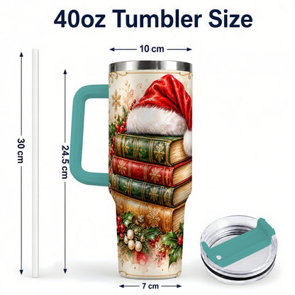#pl[40oz|Green] Santa Hat Book Stack 40oz Tumbler with Handle, Holiday Reading Travel Cup