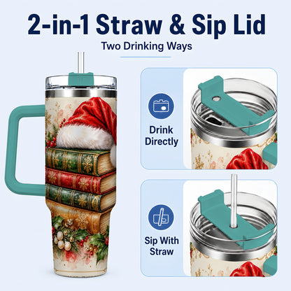 #pl[40oz|Green] Santa Hat Book Stack 40oz Tumbler with Handle, Holiday Reading Travel Cup