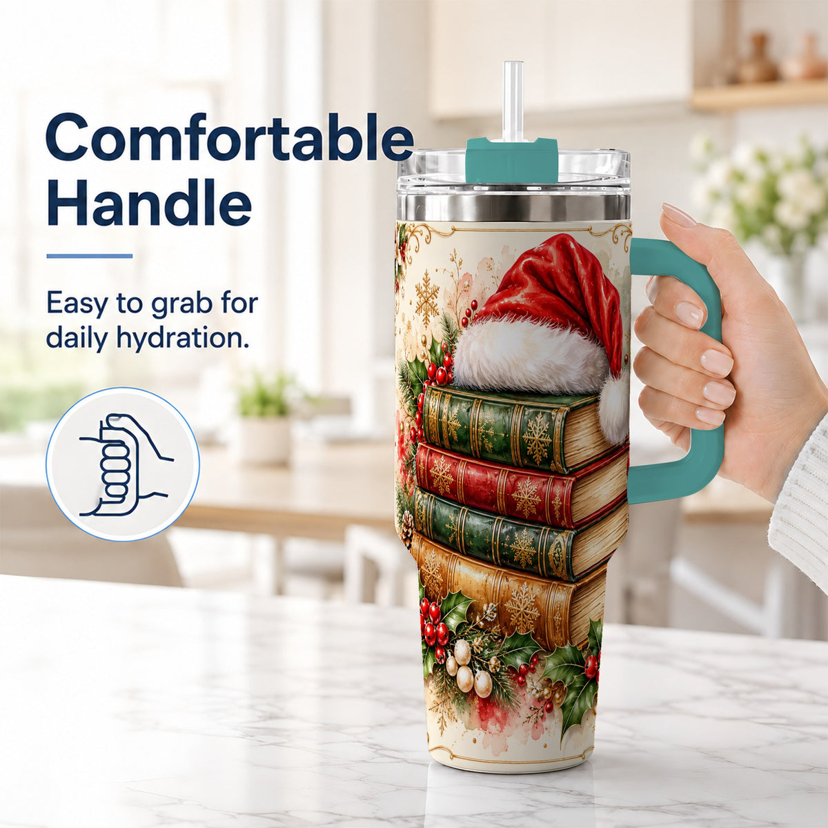 #pl[40oz|Green] Santa Hat Book Stack 40oz Tumbler with Handle, Holiday Reading Travel Cup