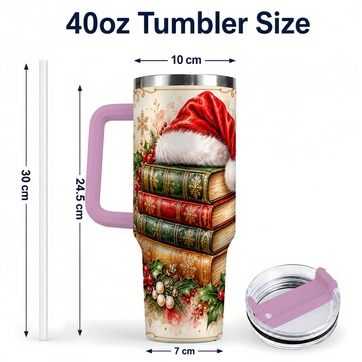 #pl[40oz|Pink] Santa Hat Book Stack 40oz Tumbler with Handle, Holiday Reading Travel Cup