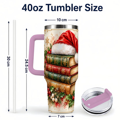 #pl[40oz|Pink] Santa Hat Book Stack 40oz Tumbler with Handle, Holiday Reading Travel Cup