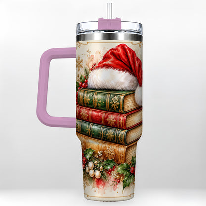 #pl[40oz|Pink] Santa Hat Book Stack 40oz Tumbler with Handle, Holiday Reading Travel Cup