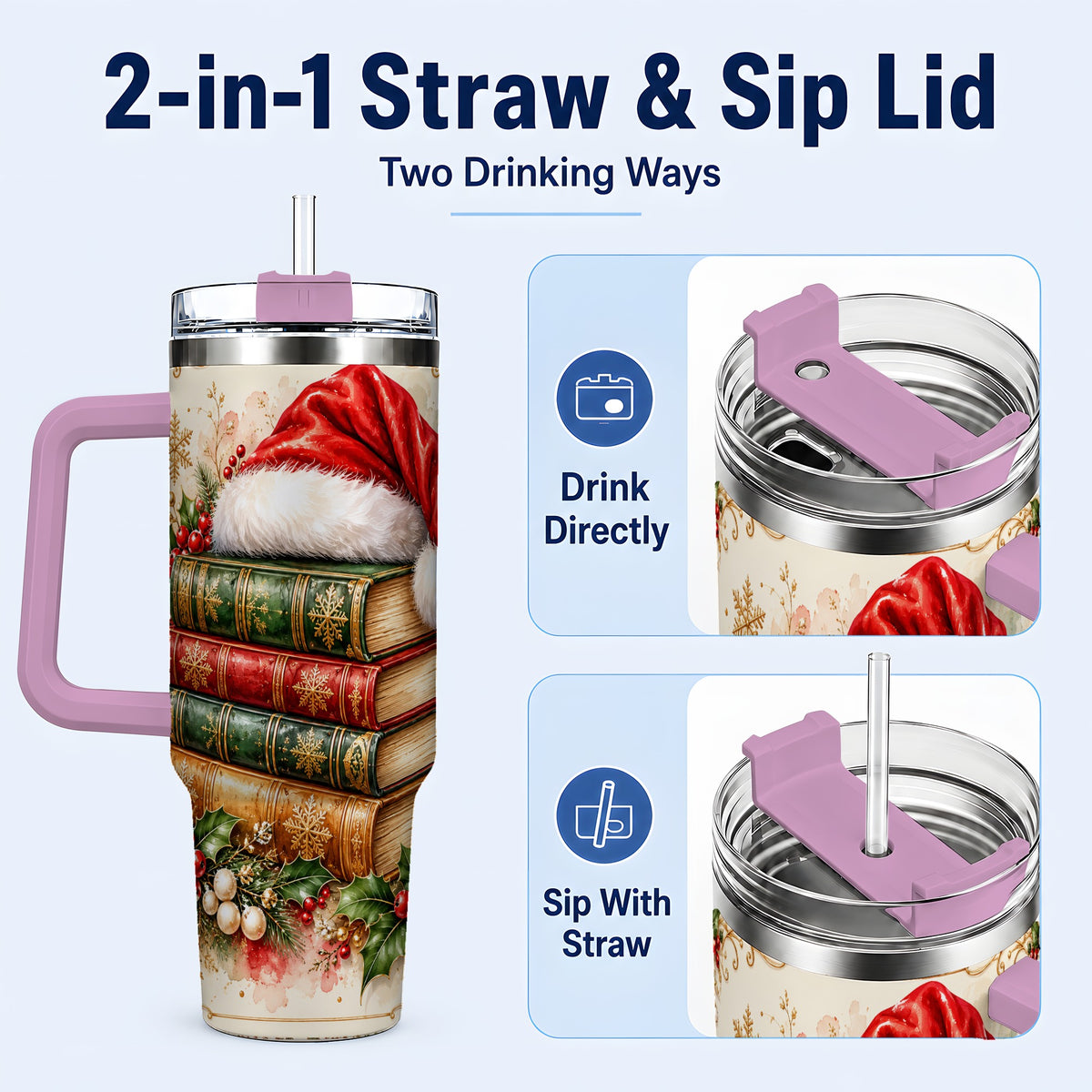 #pl[40oz|Pink] Santa Hat Book Stack 40oz Tumbler with Handle, Holiday Reading Travel Cup