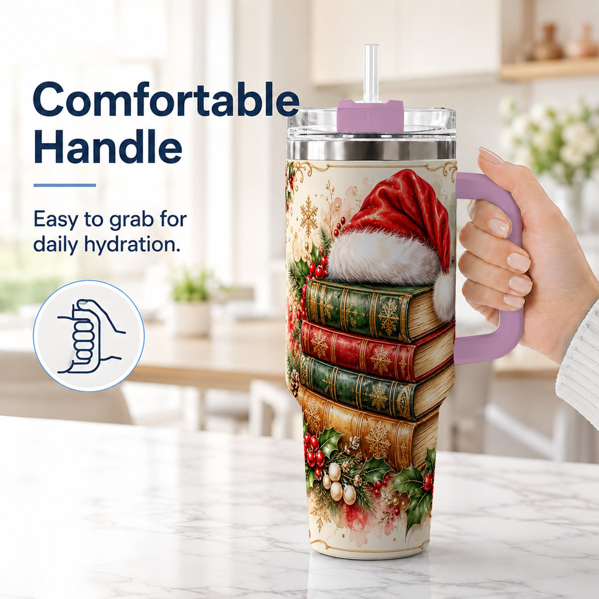 #pl[40oz|Pink] Santa Hat Book Stack 40oz Tumbler with Handle, Holiday Reading Travel Cup