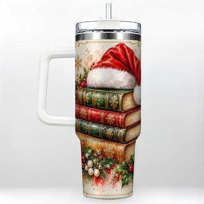 Santa Hat Book Stack 40oz Tumbler with Handle, Holiday Reading Travel Cup