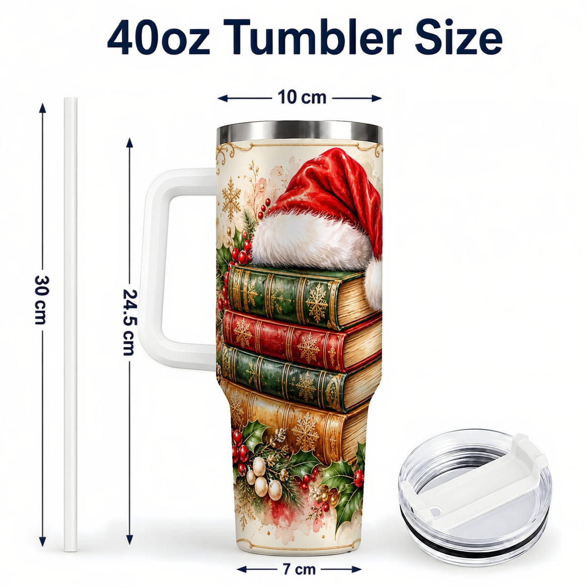 #pl[40oz|White] Santa Hat Book Stack 40oz Tumbler with Handle, Holiday Reading Travel Cup