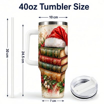 #pl[40oz|White] Santa Hat Book Stack 40oz Tumbler with Handle, Holiday Reading Travel Cup