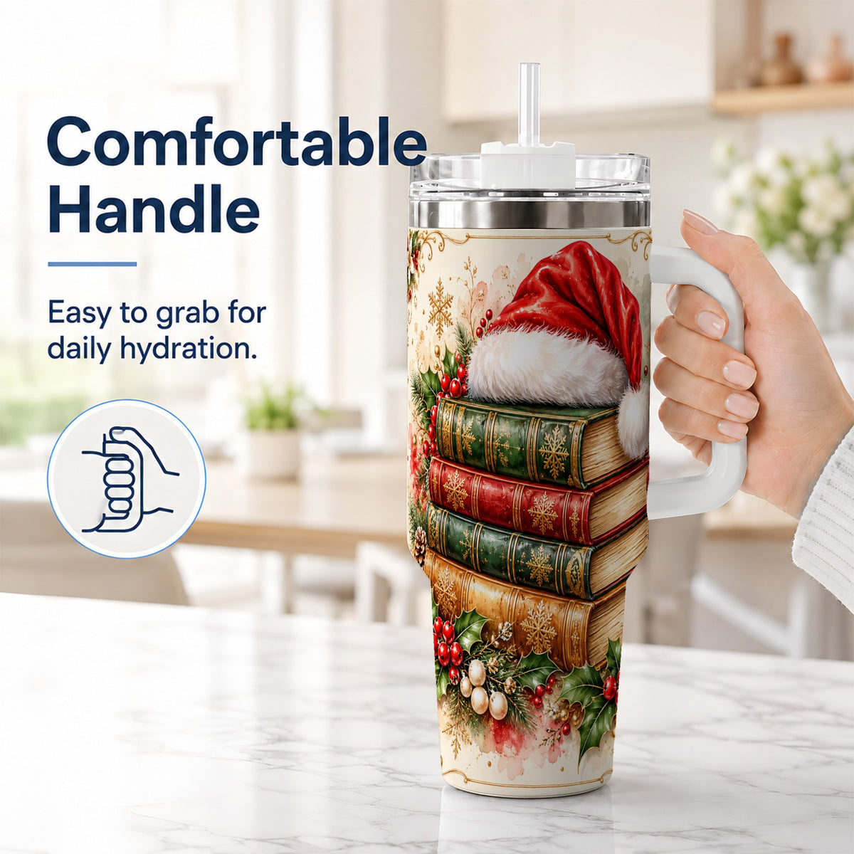 #pl[40oz|White] Santa Hat Book Stack 40oz Tumbler with Handle, Holiday Reading Travel Cup