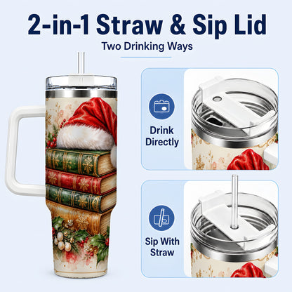 #pl[40oz|White] Santa Hat Book Stack 40oz Tumbler with Handle, Holiday Reading Travel Cup