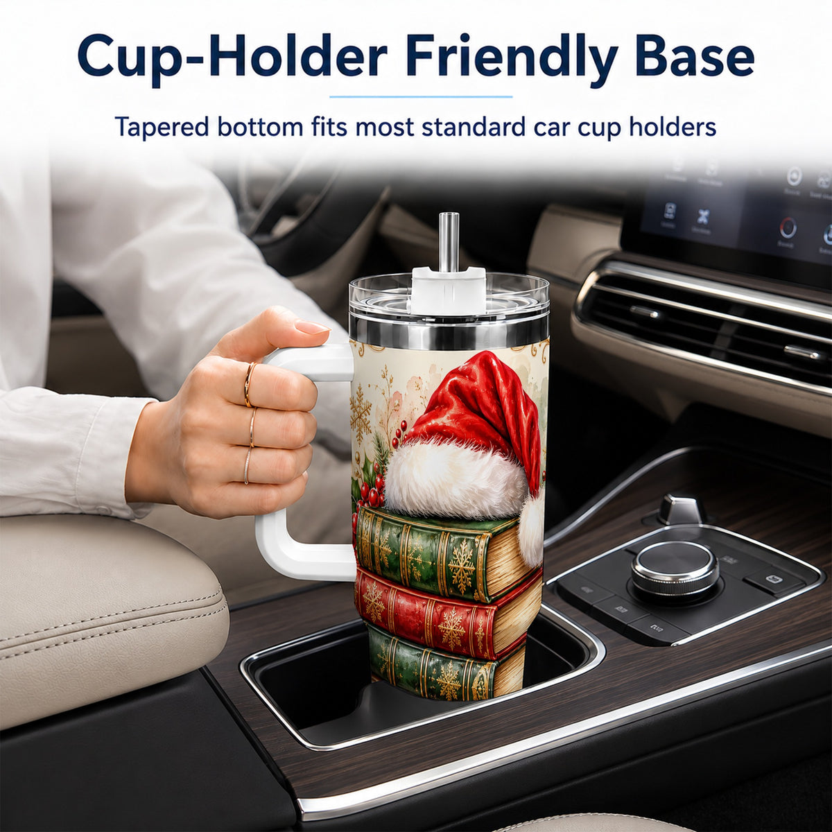 Santa Hat Book Stack 40oz Tumbler with Handle, Holiday Reading Travel Cup