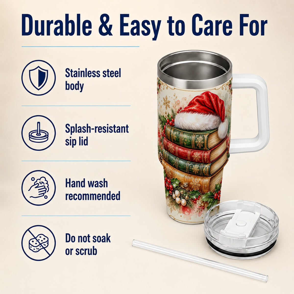 Santa Hat Book Stack 40oz Tumbler with Handle, Holiday Reading Travel Cup