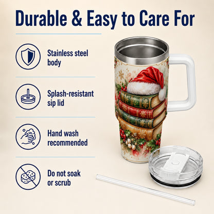 Santa Hat Book Stack 40oz Tumbler with Handle, Holiday Reading Travel Cup