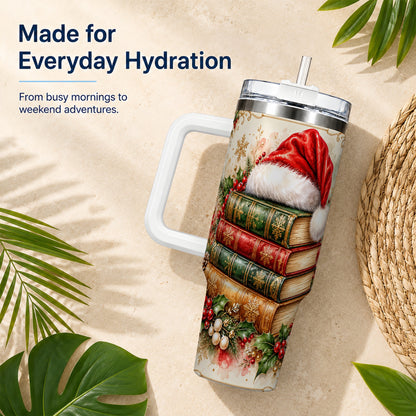 Santa Hat Book Stack 40oz Tumbler with Handle, Holiday Reading Travel Cup