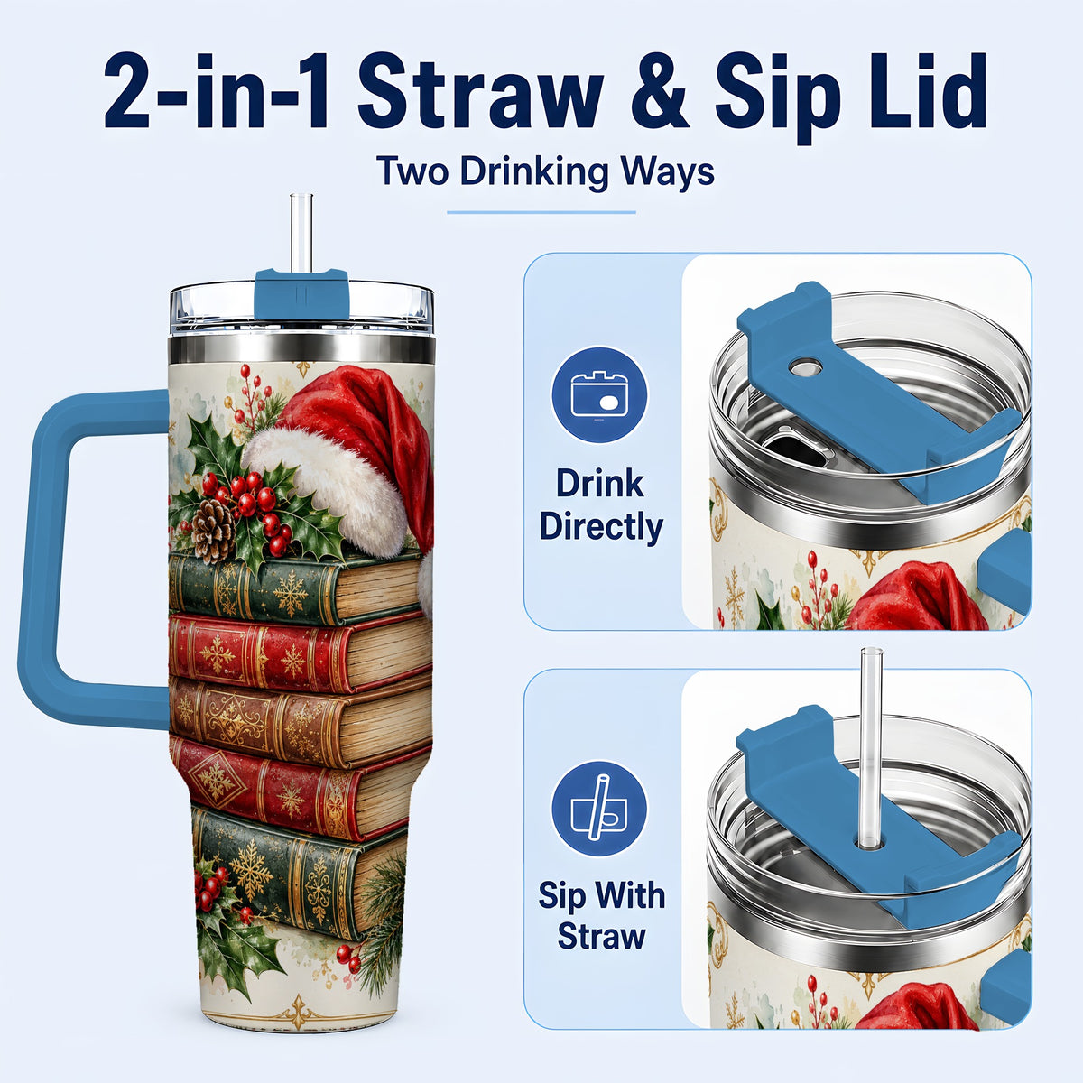 #pl[40oz|Blue] Christmas Books 40oz Tumbler, Reading Stainless Steel Travel Cup