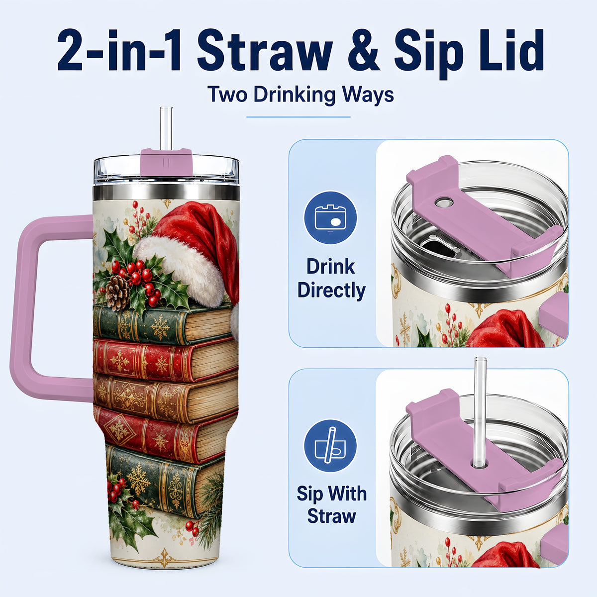 #pl[40oz|Pink] Christmas Books 40oz Tumbler, Reading Stainless Steel Travel Cup