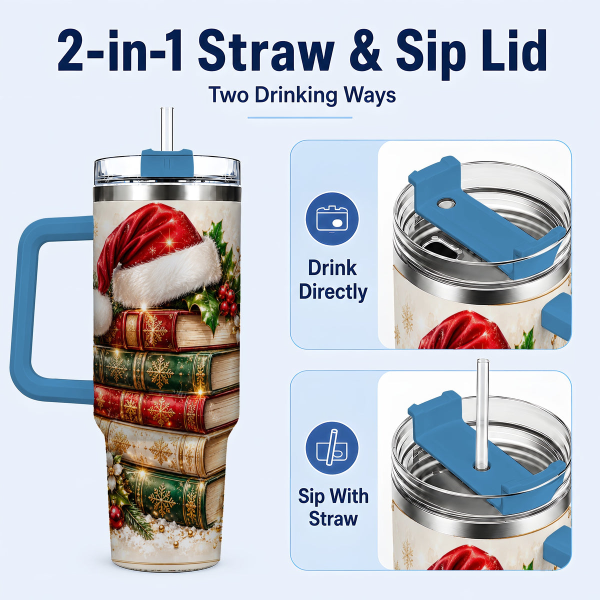 #pl[40oz|Blue] Festive Books 40oz Tumbler, Reading Stainless Steel Travel Cup