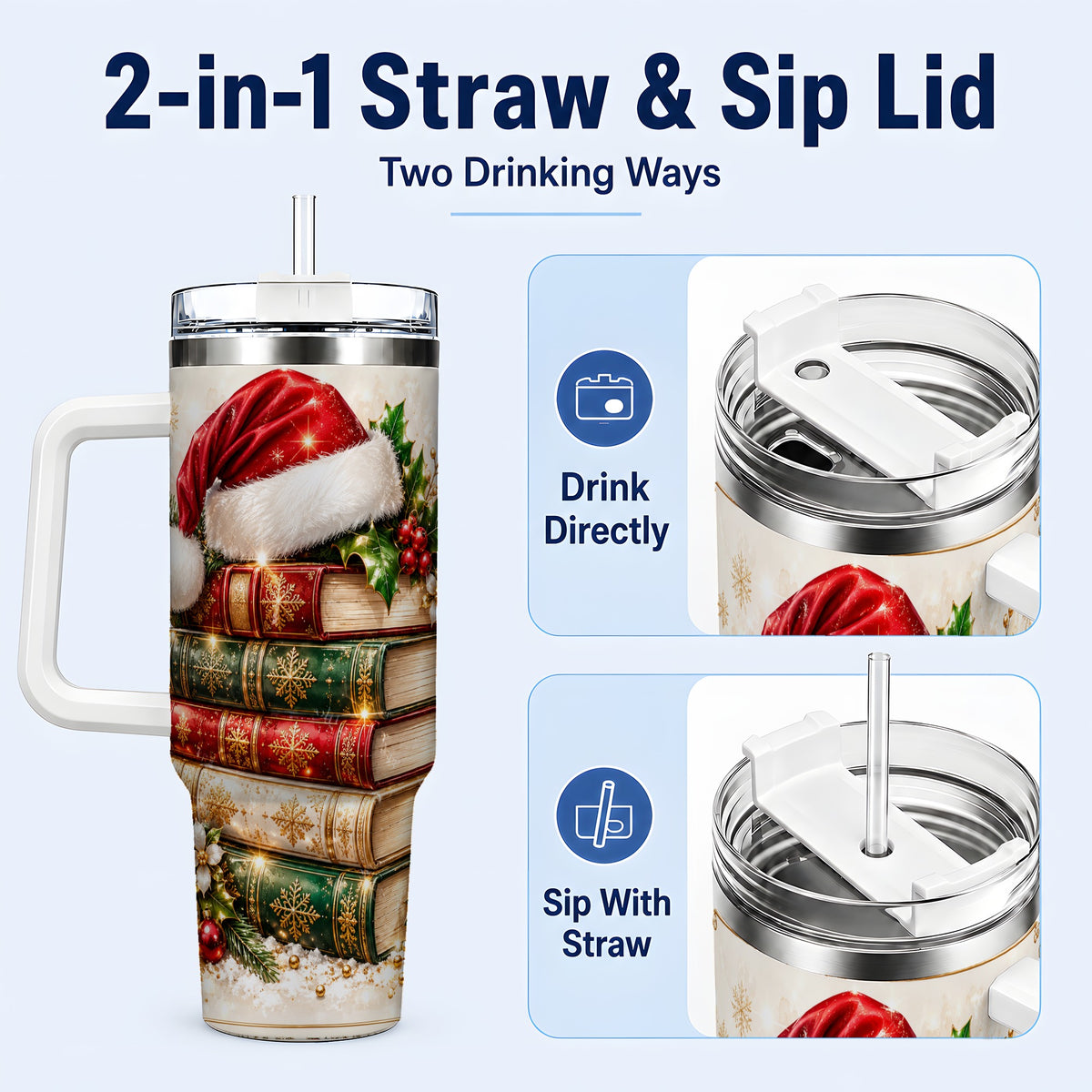 #pl[40oz|White] Festive Books 40oz Tumbler, Reading Stainless Steel Travel Cup