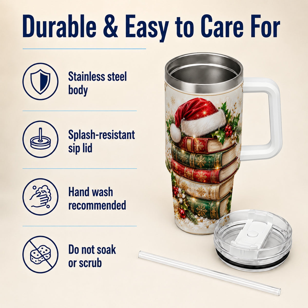 Festive Books 40oz Tumbler, Reading Stainless Steel Travel Cup