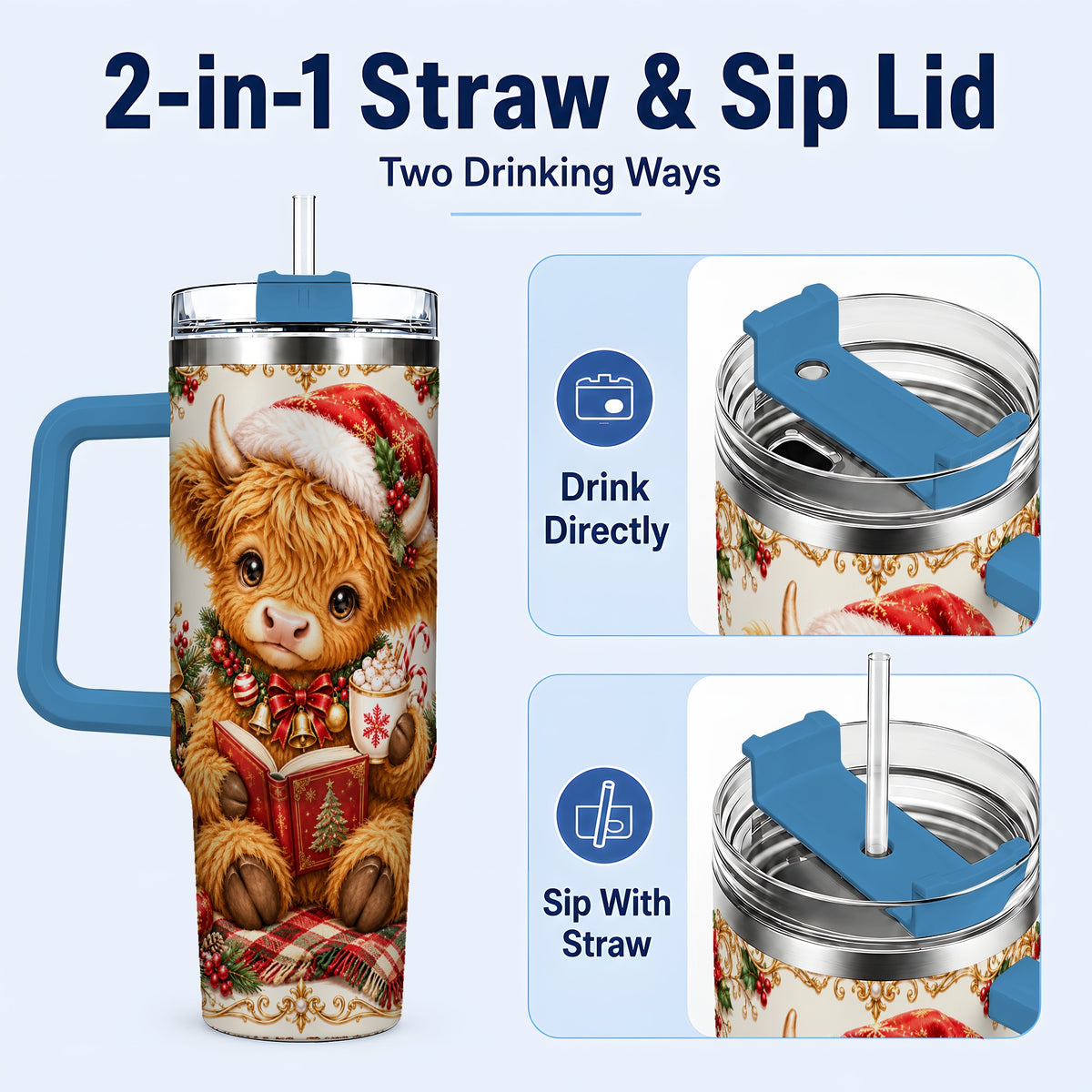 #pl[40oz|Blue] Reading Cow 40oz Tumbler, Christmas Stainless Steel Travel Cup