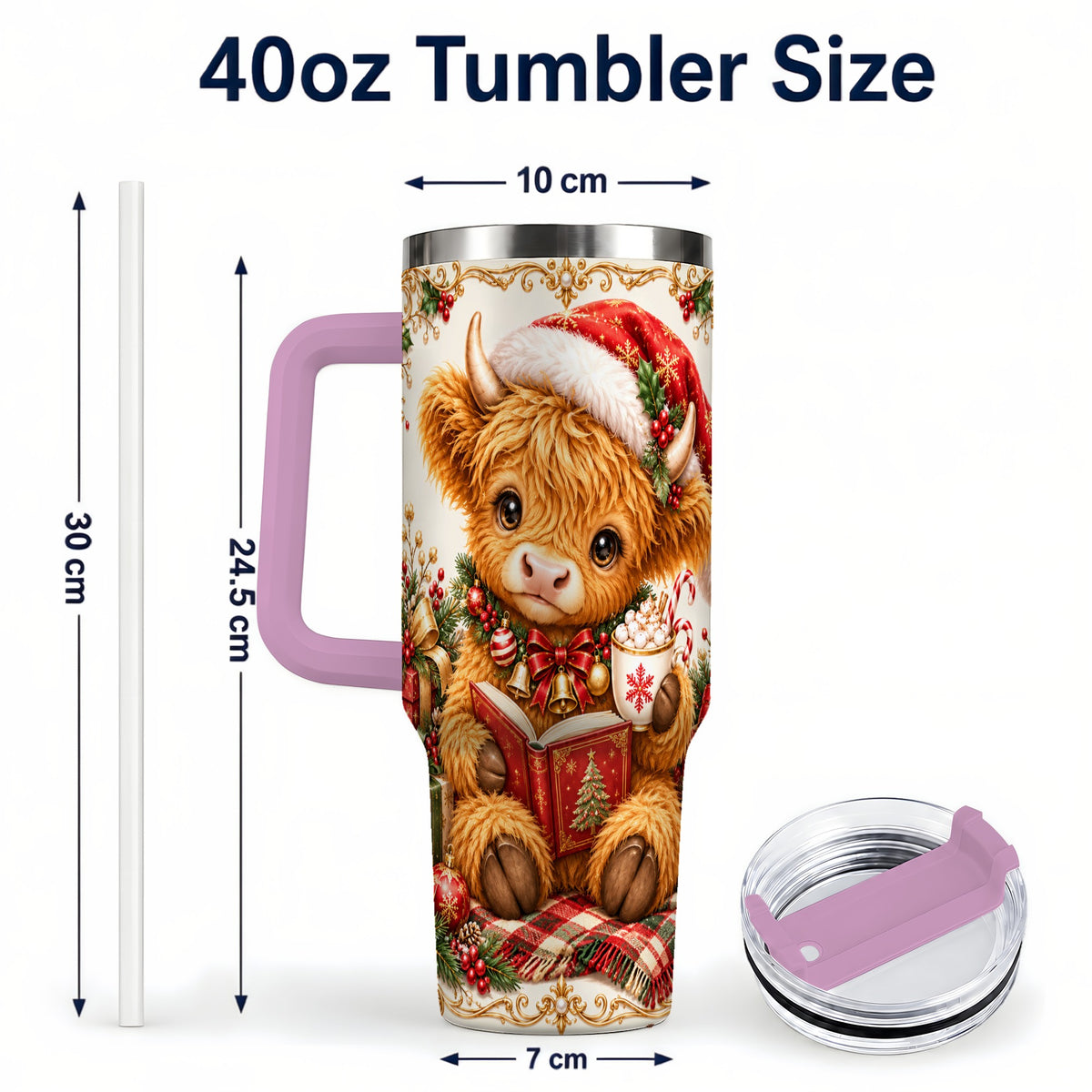 #pl[40oz|Pink] Reading Cow 40oz Tumbler, Christmas Stainless Steel Travel Cup
